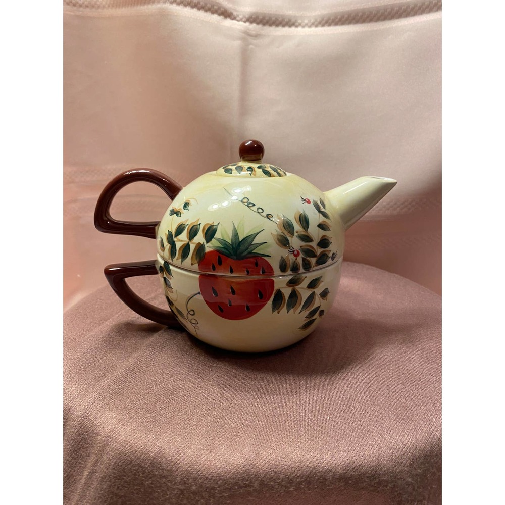 Tea for One, Teapot / Cup Combo, Strawberries and leaves pattern,